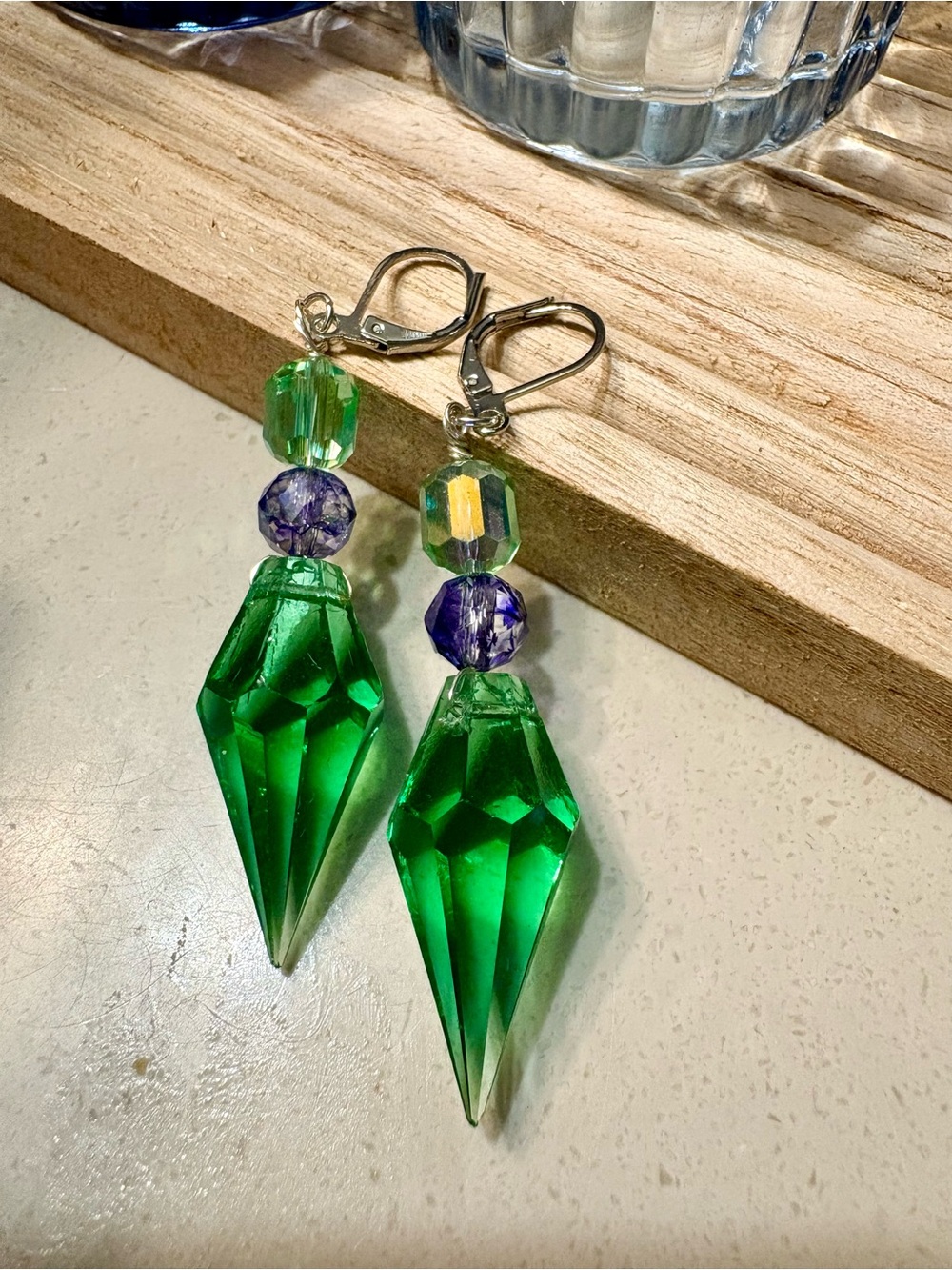 Artisan Jewelry: Green Crystal Drop Earrings with Purple Accents